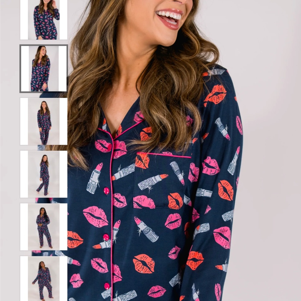 In My Sundays Lipstick Love in Navy Long Sleeve and Pant Pajama Set, size S, - Picture 2 of 6